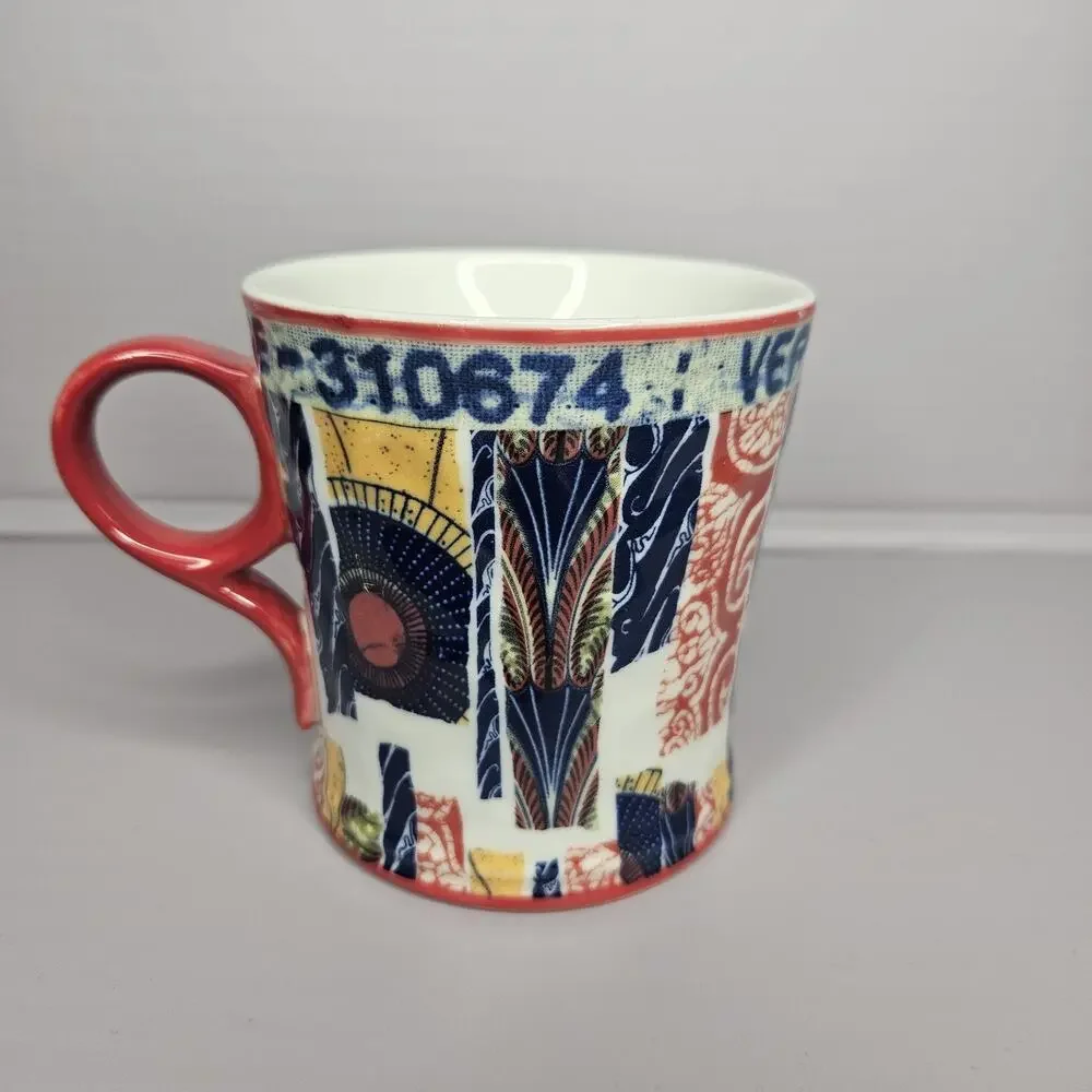 Anthropologie Coffee Tea Cup Mug Veritable Wax Block Prints Red C4